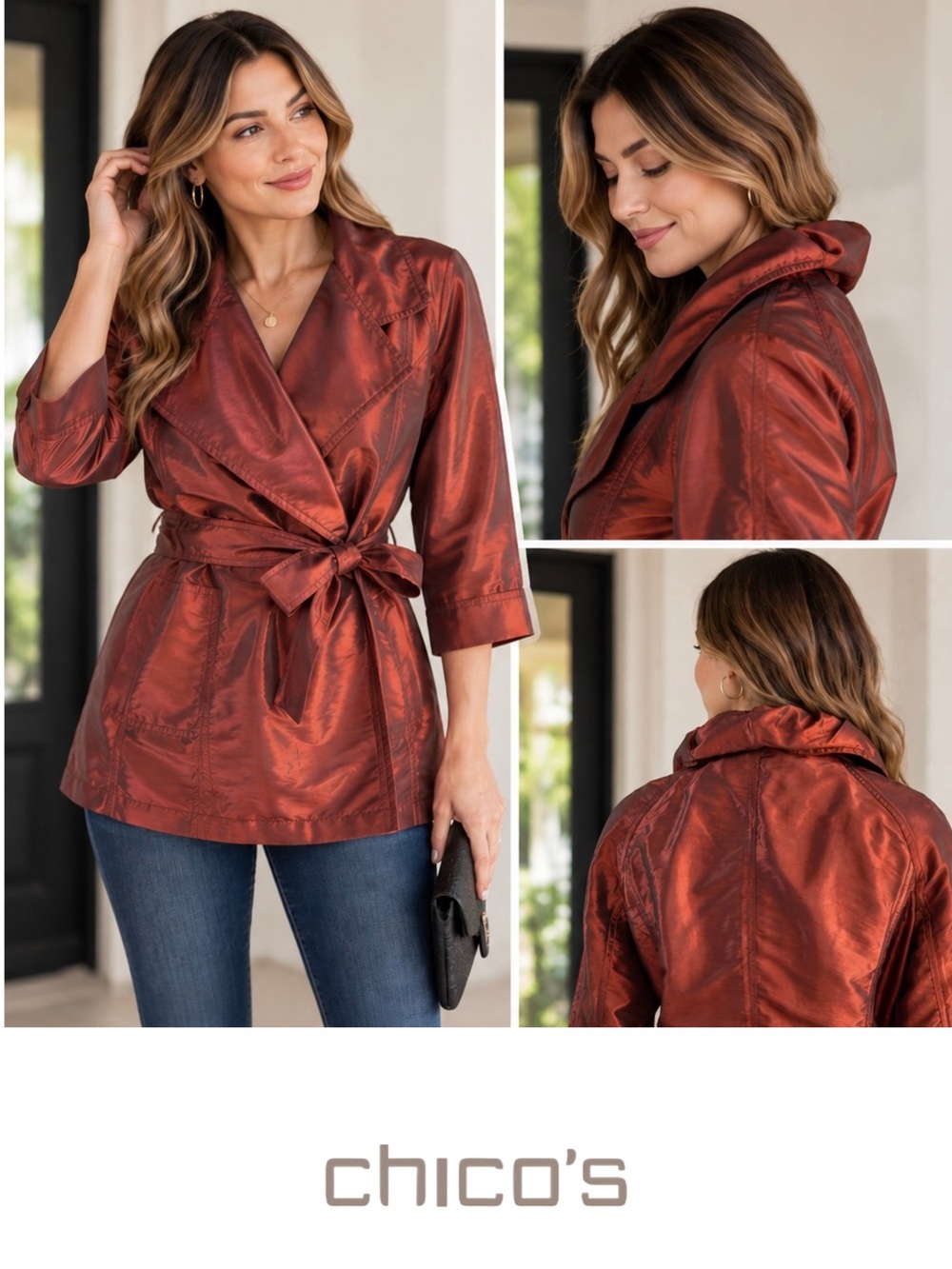 Chico's Short Metallic Copper Belted 3/4 Sleeve Trench jacket M 8-10 Chico’s 1